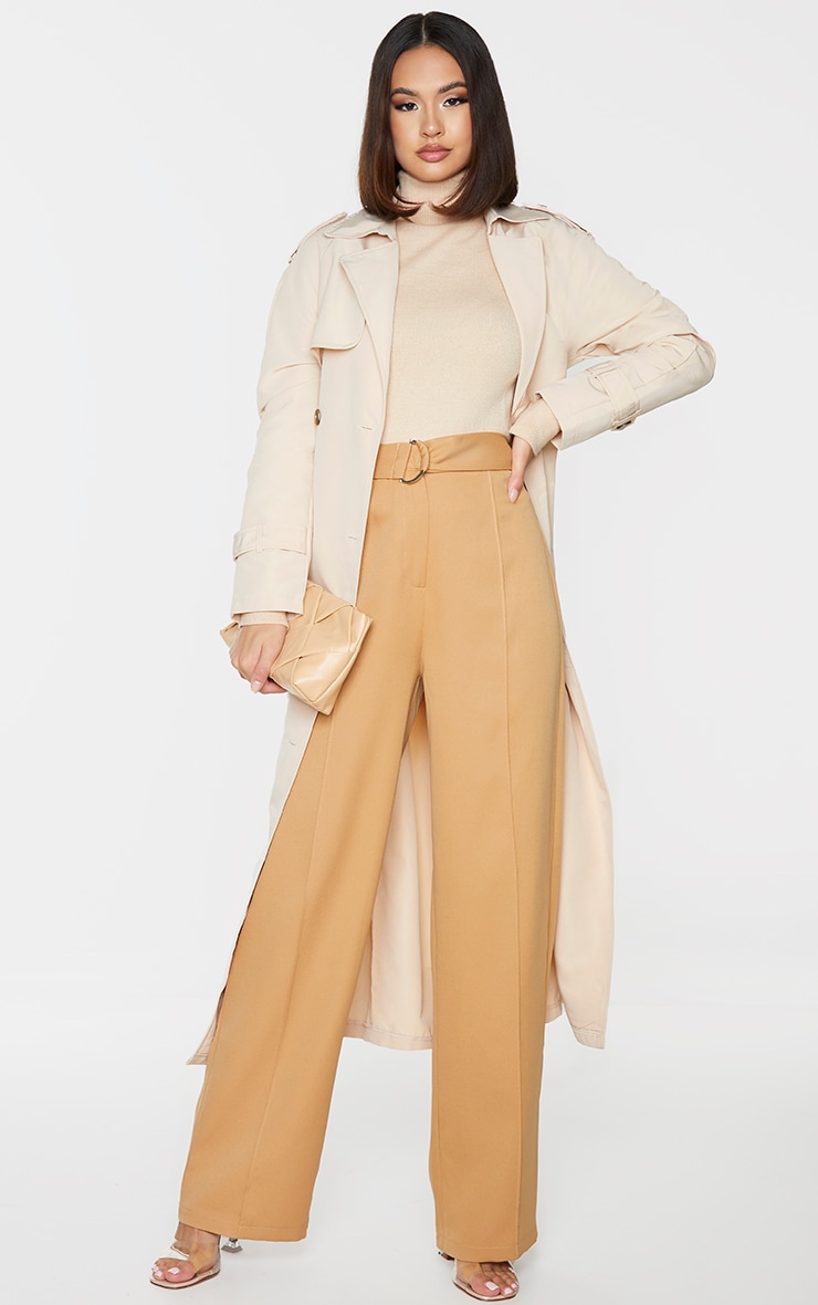 Camel D Ring Woven Belted Straight Leg Pants