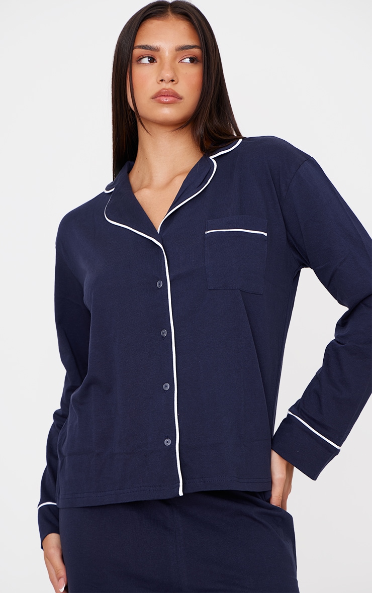 Navy Jersey Piping Detail Long PJ Set image 4