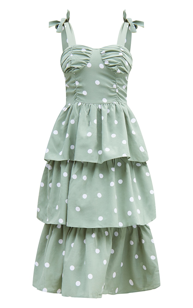 Sage Green Polka Dot Cup Detail Tie Strap Tiered Midi Dress image 5