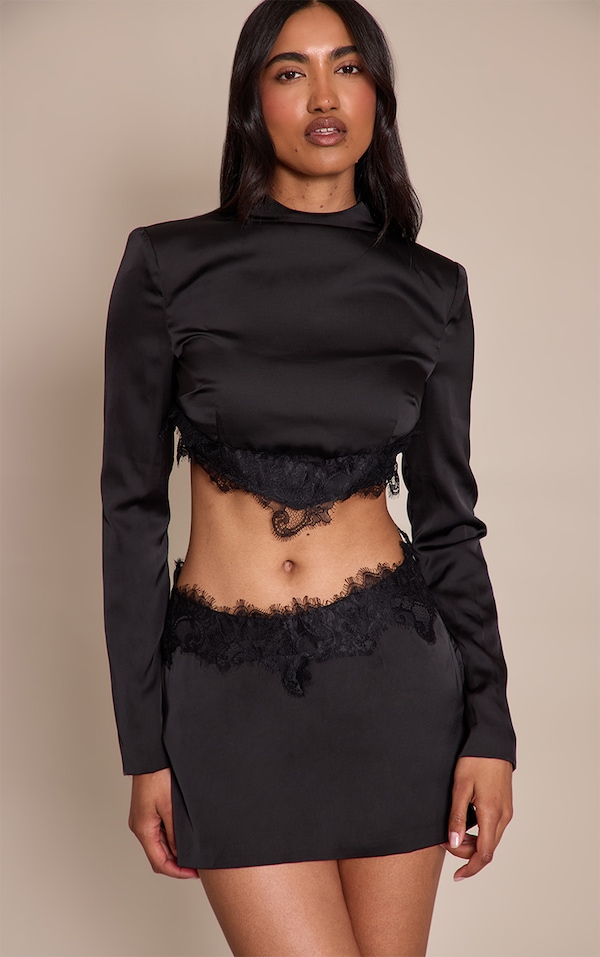 Black  Satin Lace Trim High Neck Long Sleeve Top 