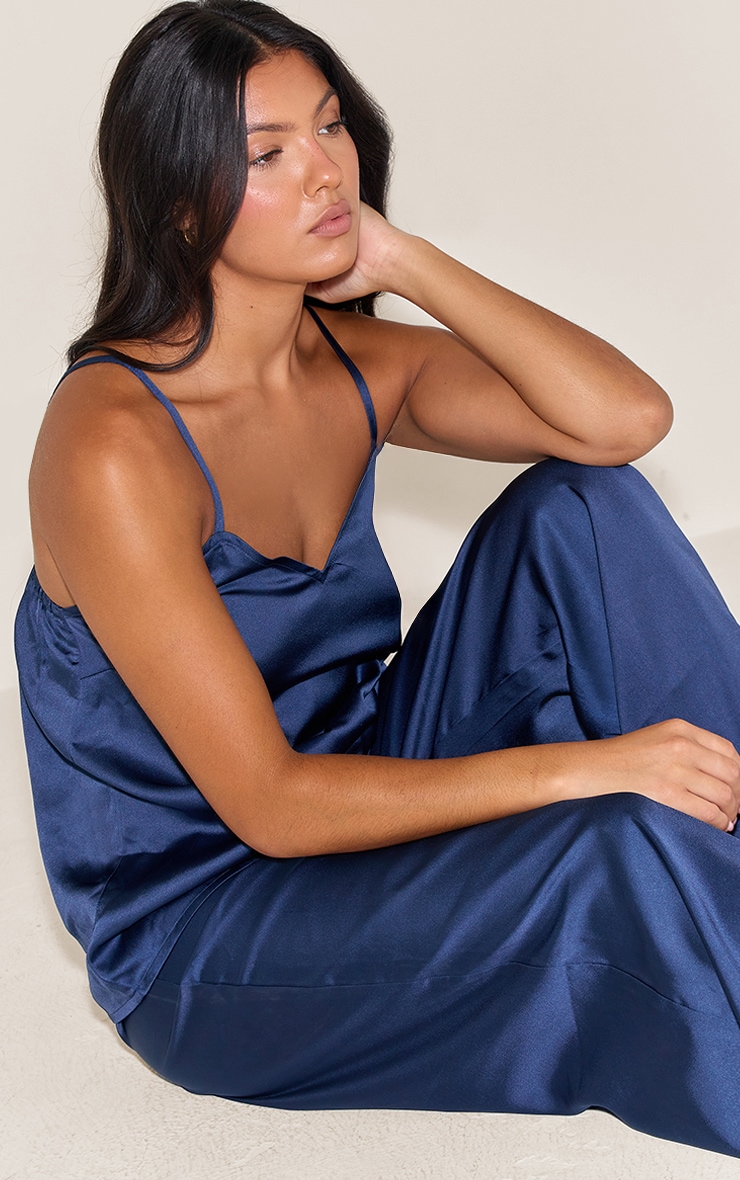 Navy Satin Cami And Pant Pj Set image 1