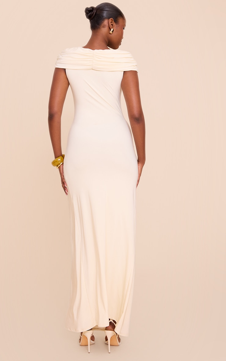 Almond Slinky Bardot Ruched Detailing Maxi Dress image 2