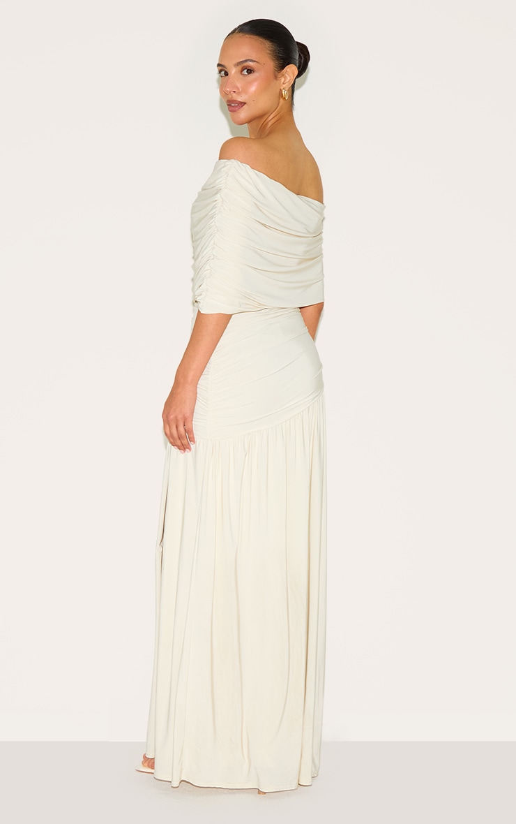 Petite White Double Layer Slinky Bardot One Shoulder Ruched Maxi Dress image 2