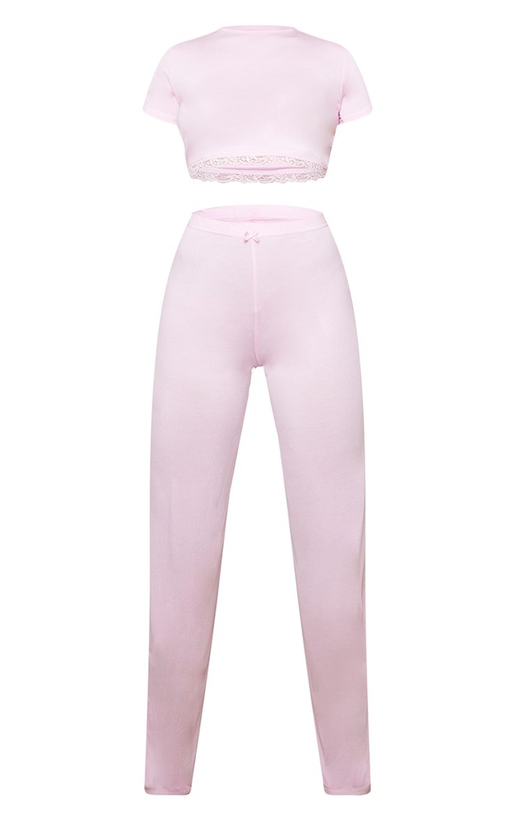Ensemble de pyjama long en jersey rose à bordure en dentelle image 5
