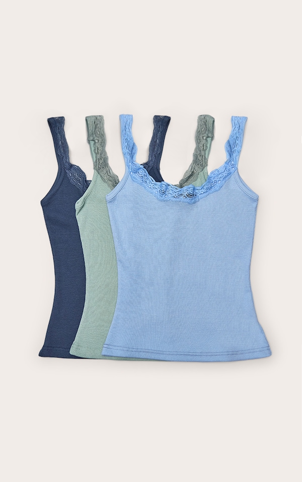 Blue Multi Pack of 3 Ribbed Lace Trim PJ Vests