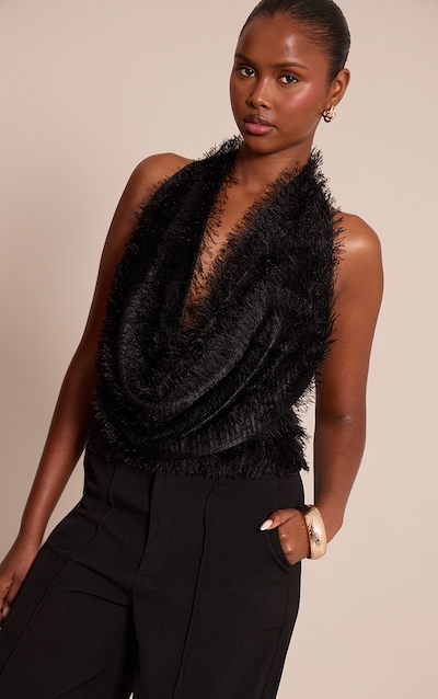 Black Textured Cowl Halterneck Top