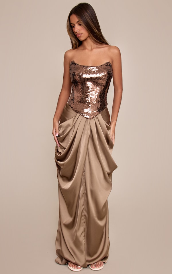 Petite Taupe Satin Low Rise Drape Detail Maxi Skirt