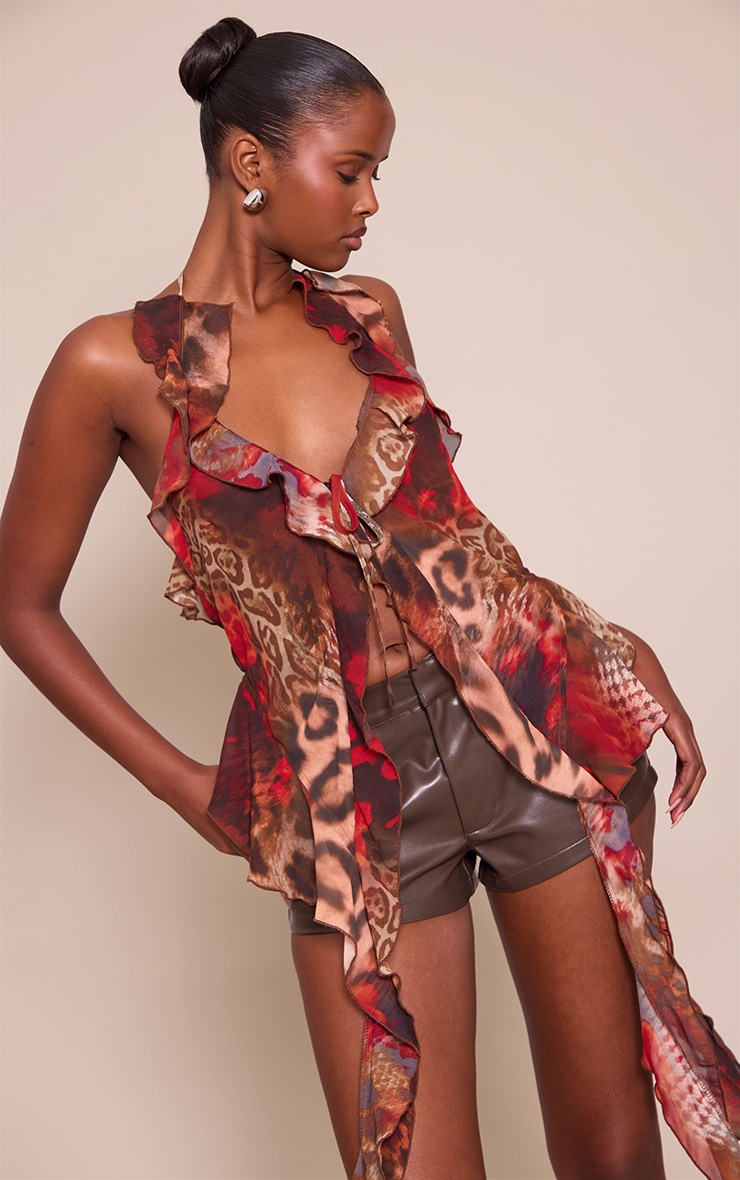 Printed Chiffon Ruffle Drape Detail Longline Top image 4