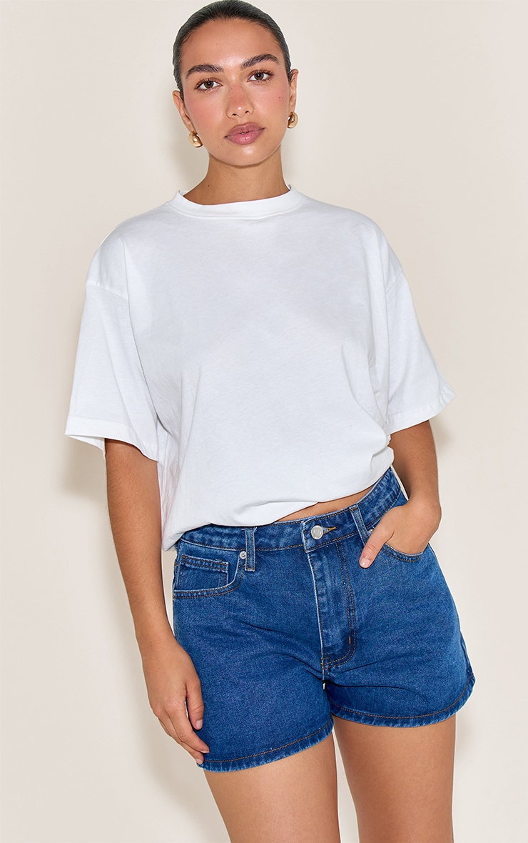 Dark Blue Contrast Stitch High Waisted Mom Shorts image 3