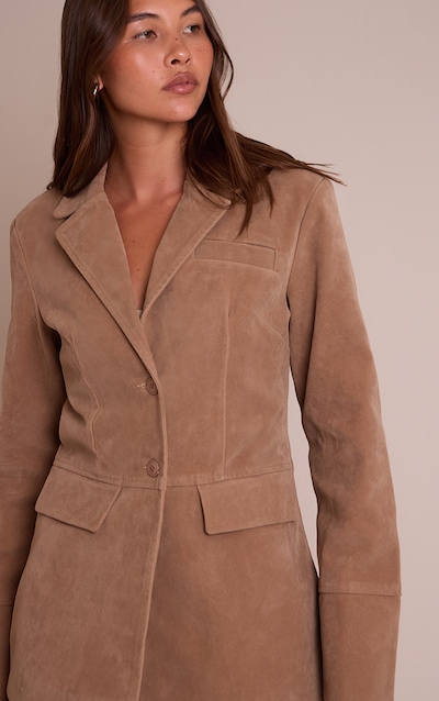 Brown Faux Suede Pocket Detail Cinched Waist Blazer