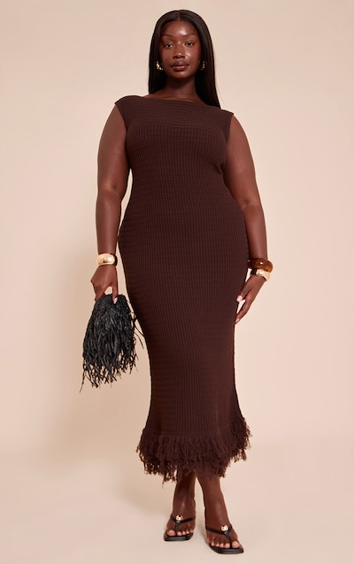 Plus Chocolate Loop Knit Asymmetric Maxi Dress