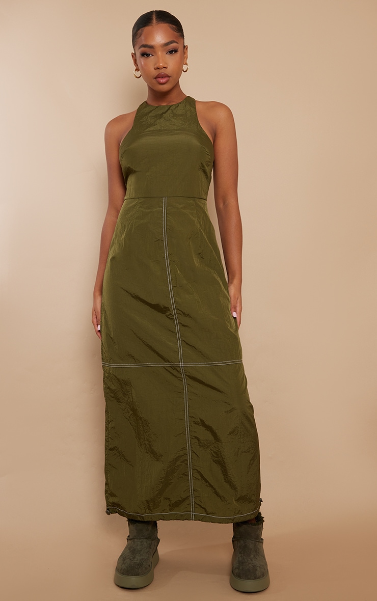 Khaki Parachute Cargo Contrast Stitch Racer Neck Maxi Dress image 2