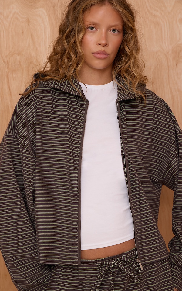 Dark Green Striped Soft Fleece Zip Up Hoodie
