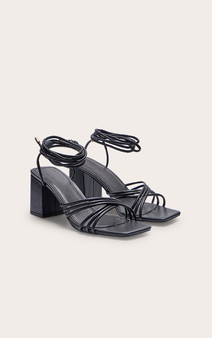 Sandales lacées noires carrées en PU à talon carré et multiple lacets image 3