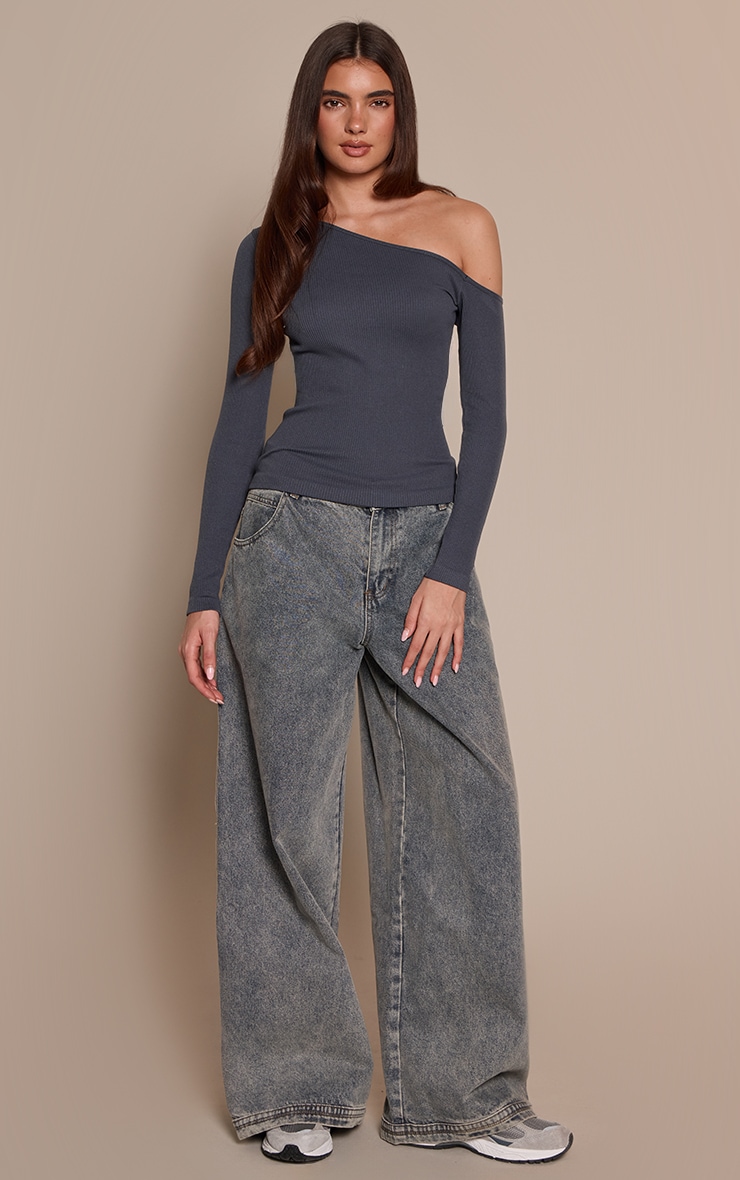 Navy Contour Rib Asymmetric Long Sleeve Top   image 3