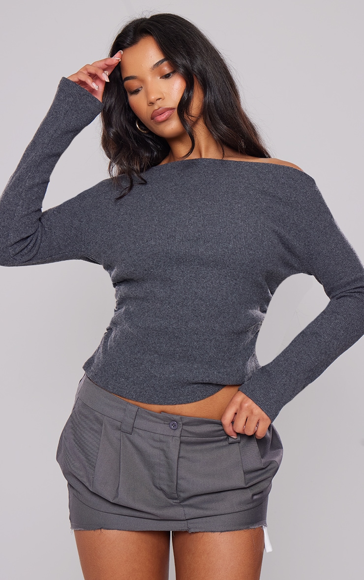 Charcoal Brushed Rib Bardot Long Sleeved Top image 4