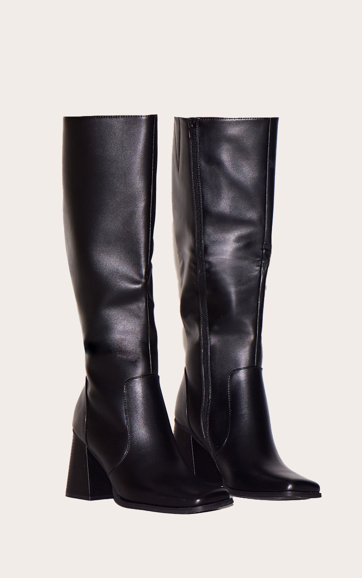 Black Pu Square Toe Block Heel Knee High Boots image 2