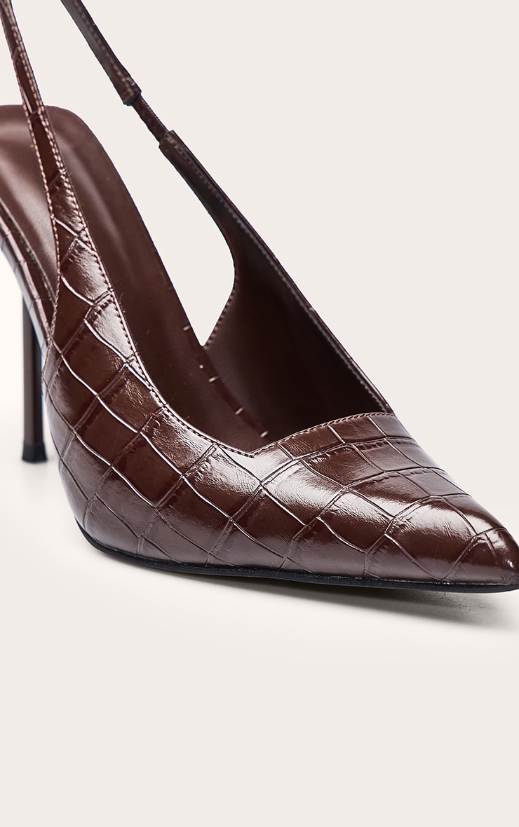 Chocolate Croc Heeled Sling Back Court Shoe image 5