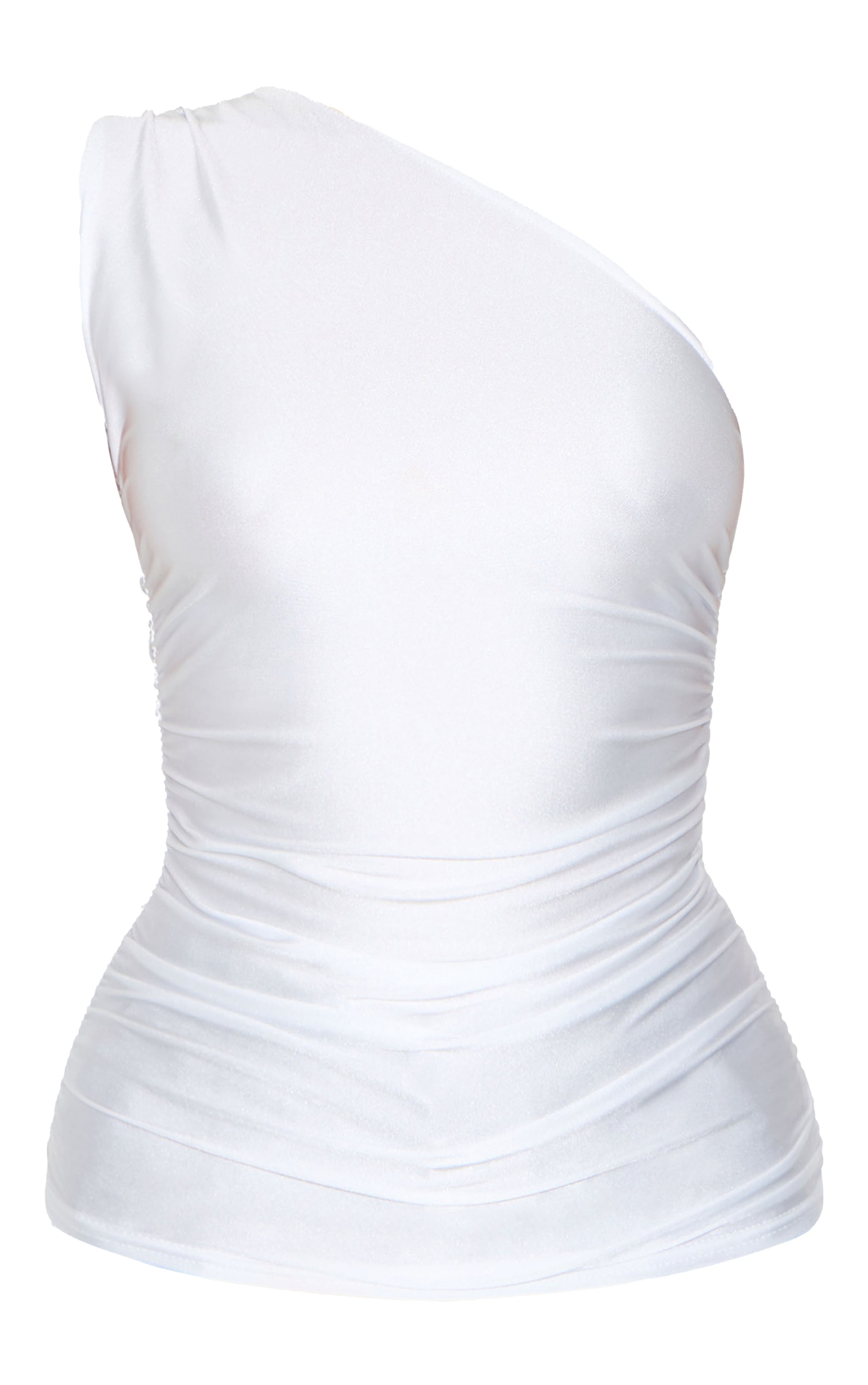 White Stretch Slinky Ruched Side Long Top | Tops