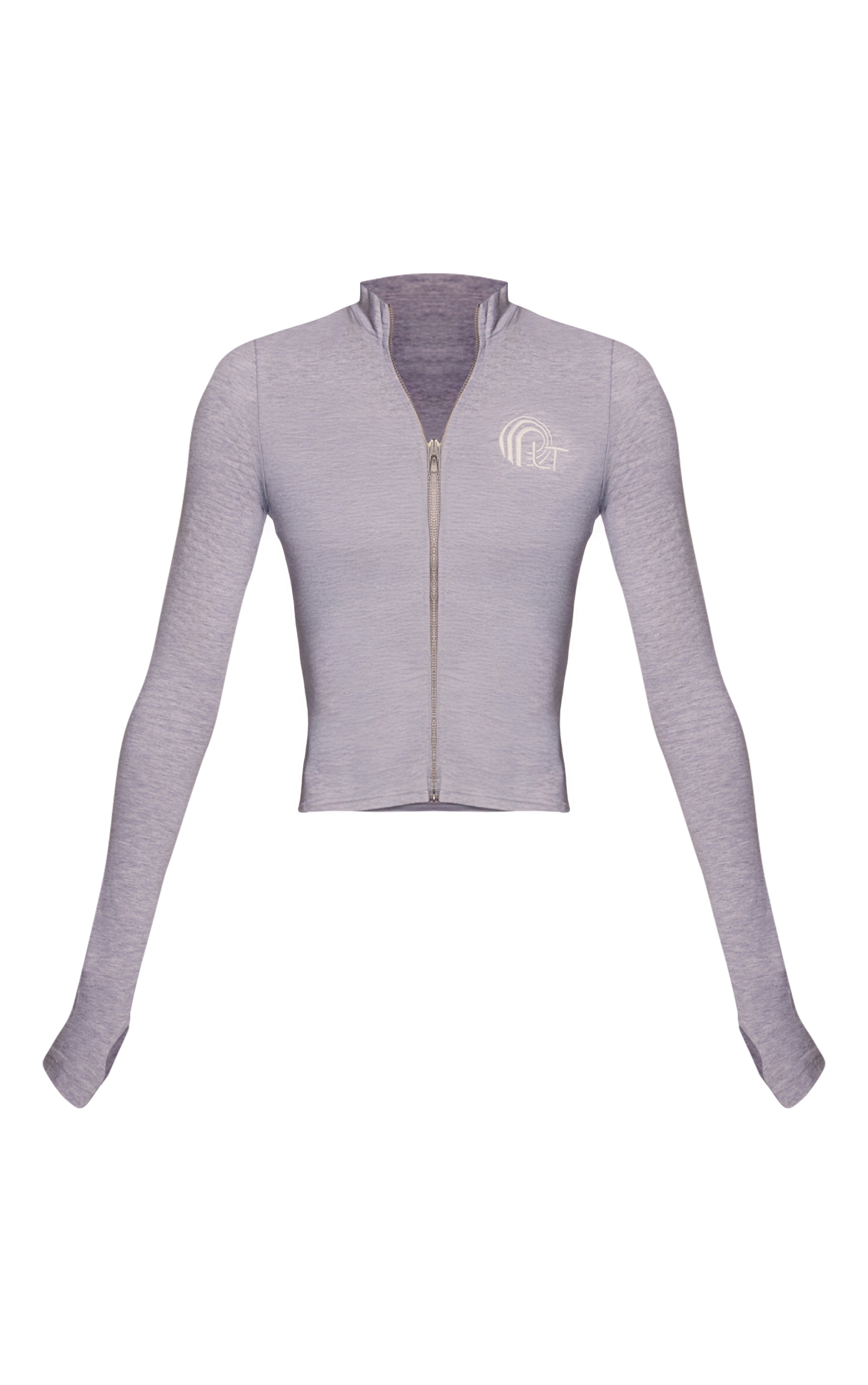 PRETTYLITTLETHING Grey Marl Embroidered Graphic Zip Up Long Top image 5