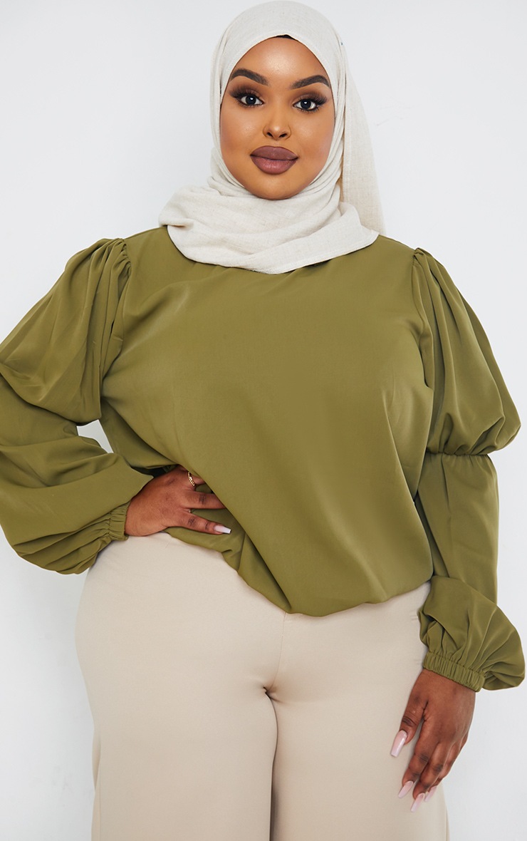 Plus Khaki Chiffon High Neck Frill Sleeve Blouse