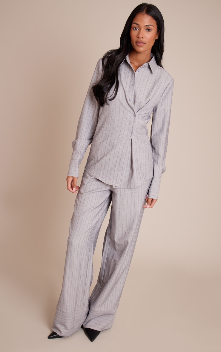 Tall Light Grey Pinstripe Woven Asymmetric Button Shirt image 3