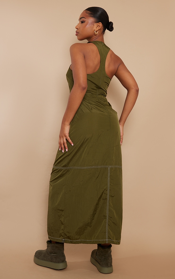 Khaki Parachute Cargo Contrast Stitch Racer Neck Maxi Dress image 2