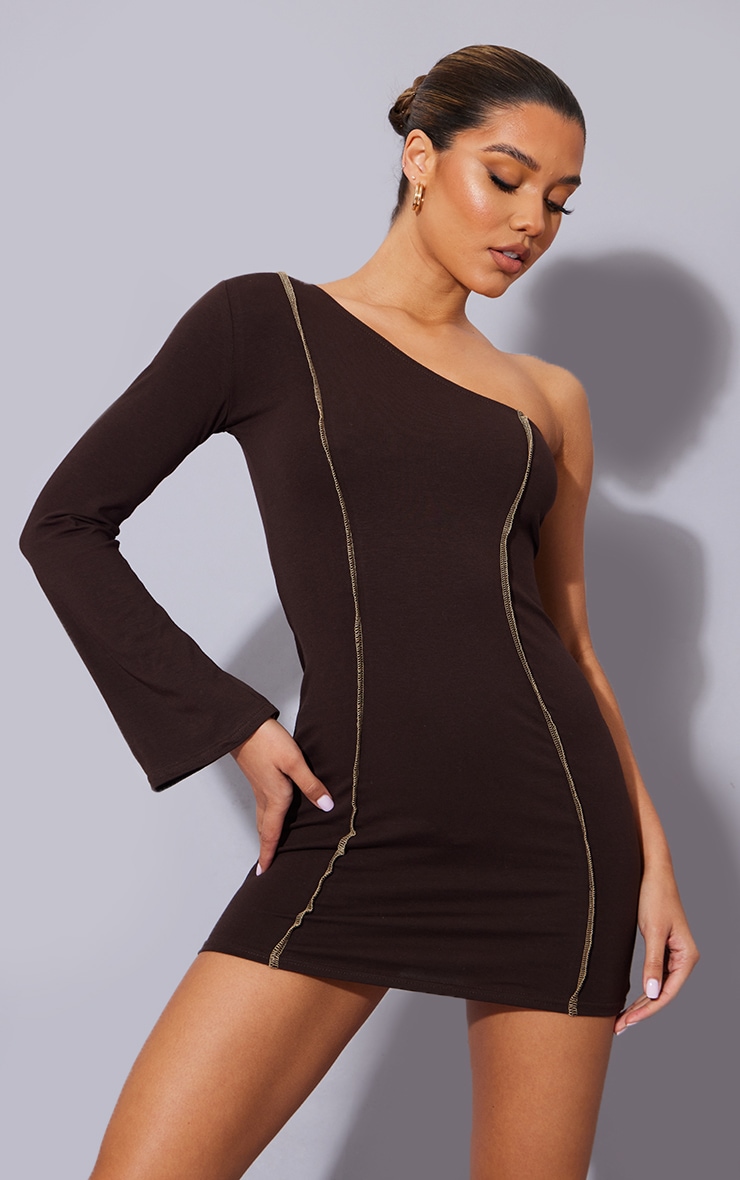 Chocolate Asymmetric Binding One Shoulder Bodycon Dress Chocolate
