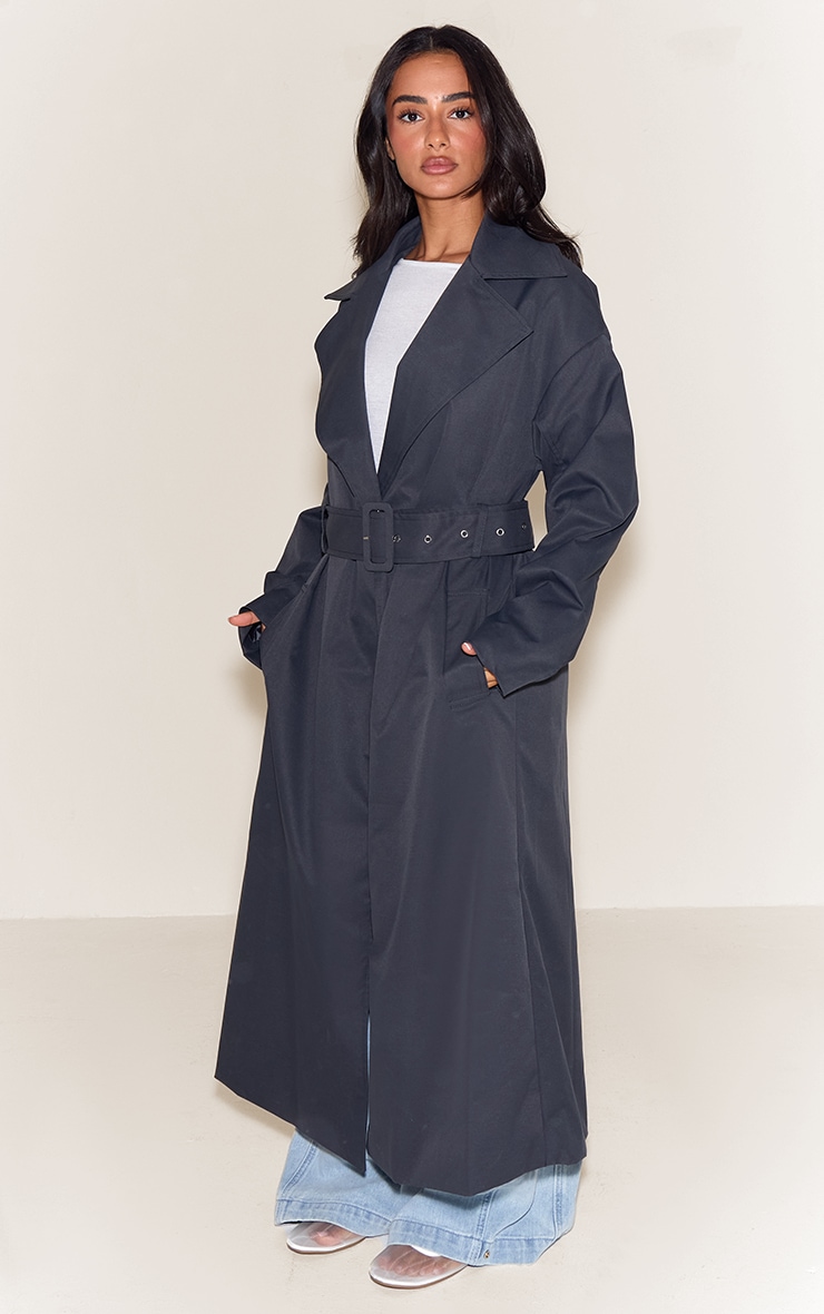 Petite Charcoal Tie Waist Trench Coat image 3