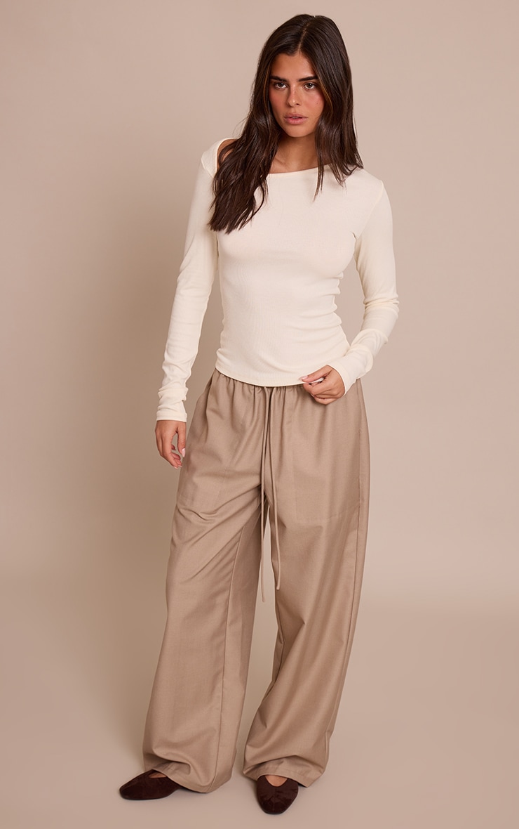 Cream Soft Rib Asymmetric Detail Fitted Longline Top image 3