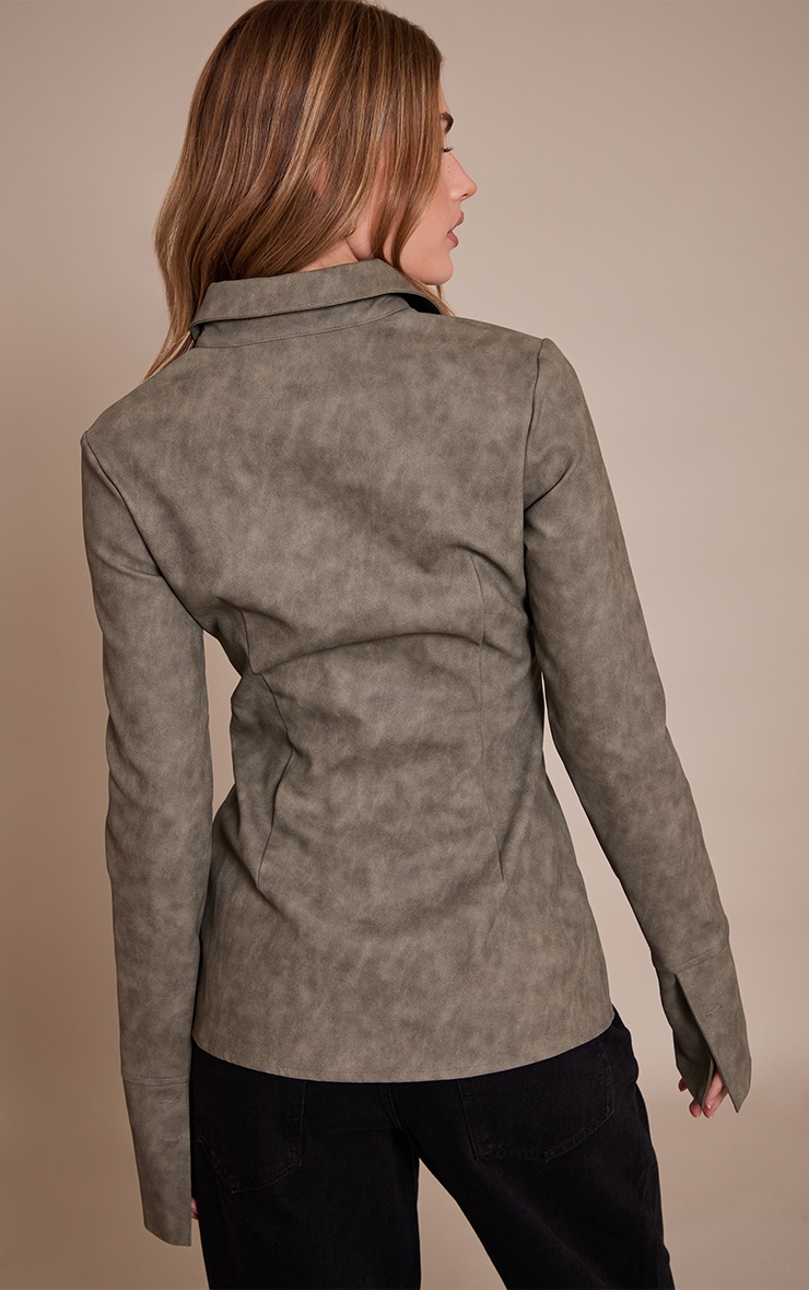 Olive Textured Faux Leather Fitted Shirt image 2
