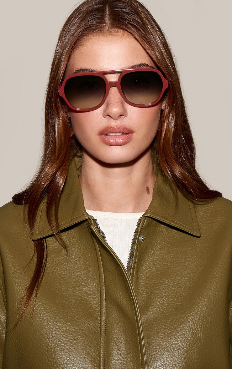 Burgundy Plastic Frame Burgundy Tinted Lens Aviator Sunglasses image 1