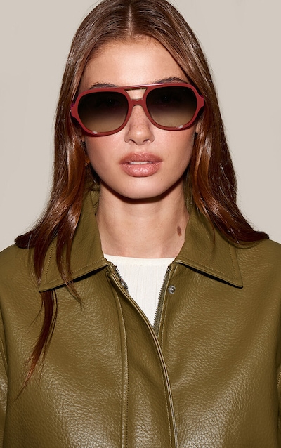 Burgundy Plastic Frame Burgundy Tinted Lens Aviator Sunglasses