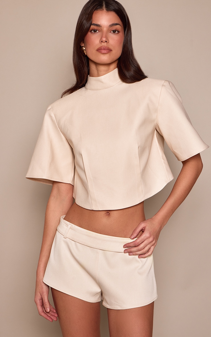 Cream Low Waist Button Detail Shorts image 4