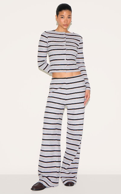 Grey Brushed Rib Striped Mid Rise Wide Leg Pants