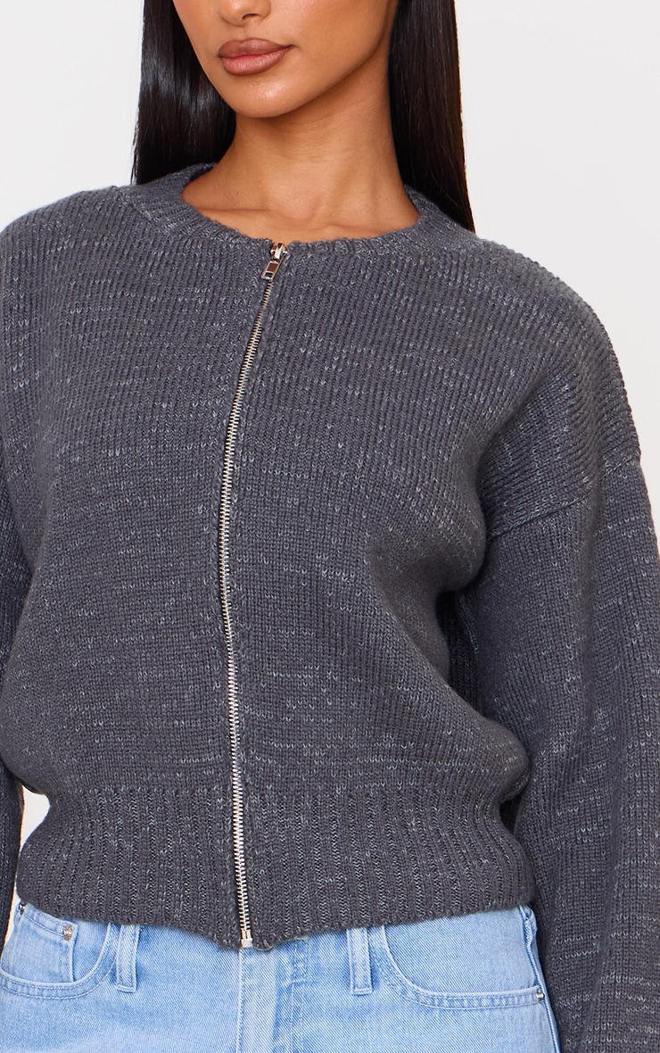 Petite Charcoal Knitted Zip Up Cardigan image 4