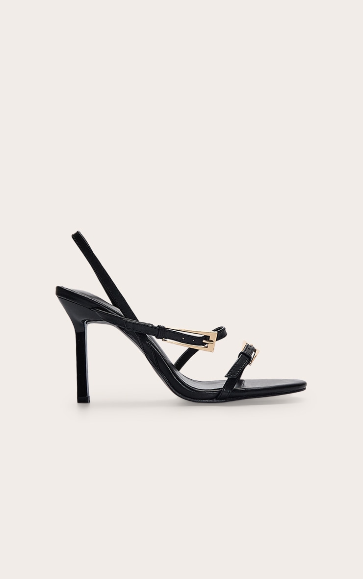 Black Buckle Asymmetric Strap Round Toe Heeled Sandals image 2