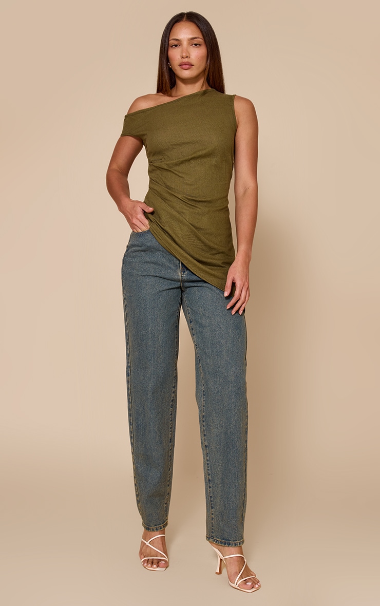 Tall Khaki Lightweight Woven One Shoulder Asymmetric Top image 3
