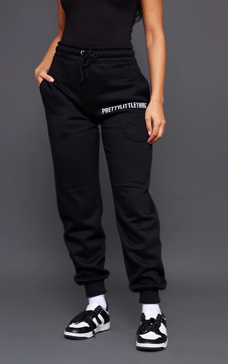 PRETTYLITTLETHING Logo Black High Waisted Cuffed Sweatpants image 2
