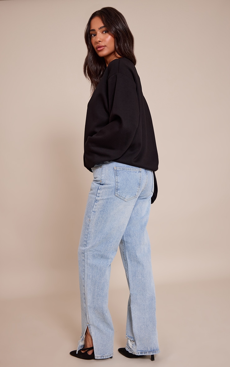 Petite Light Blue Wash Ripped Split Hem Straight Leg Jeans image 3
