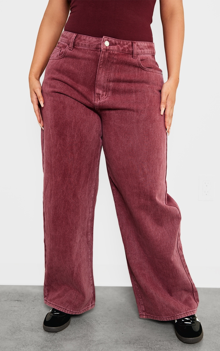 Plus Burgundy Washed Wide Leg Jeans image 2