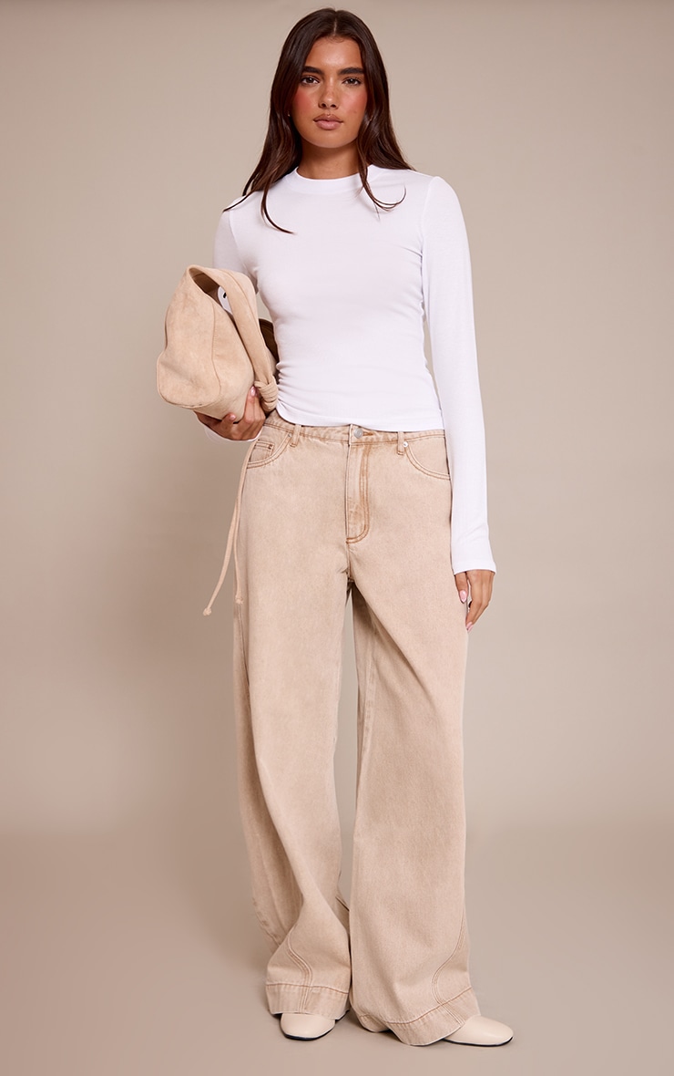 Stone Relaxed Mid Rise Seam Detail Wide Leg Jeans