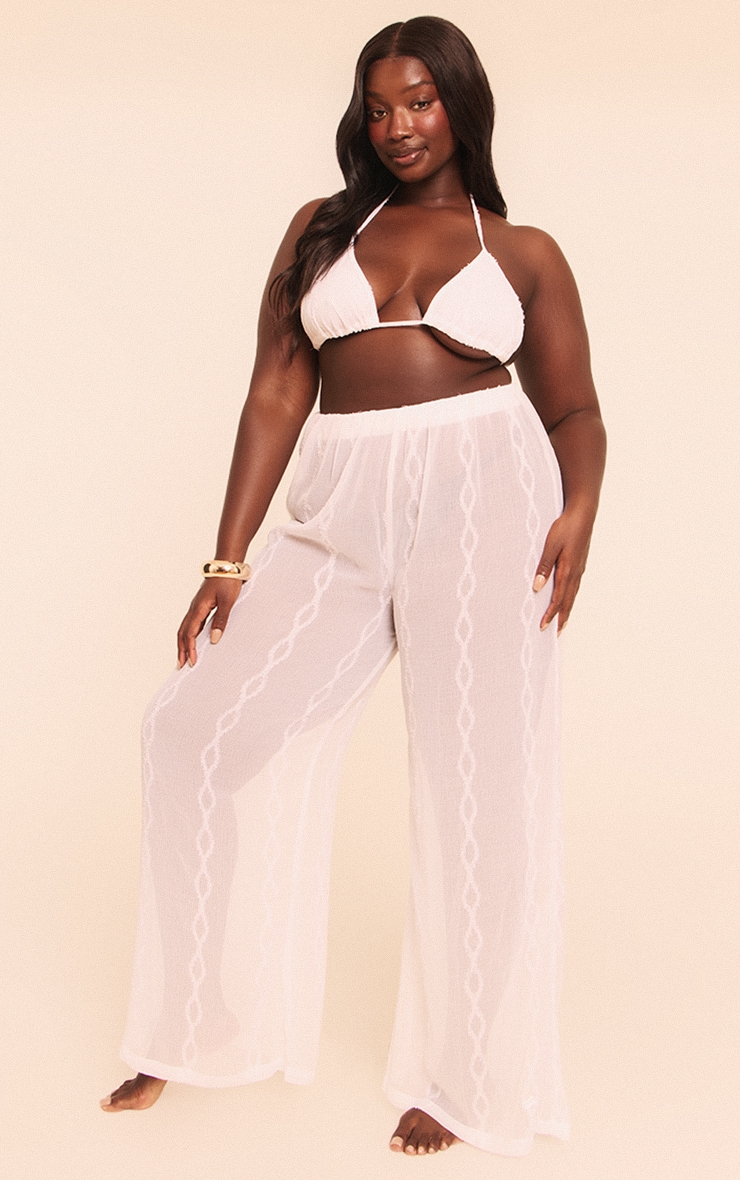 Plus White Textured Chiffon Triangle Beach Top And Pant Set image 1