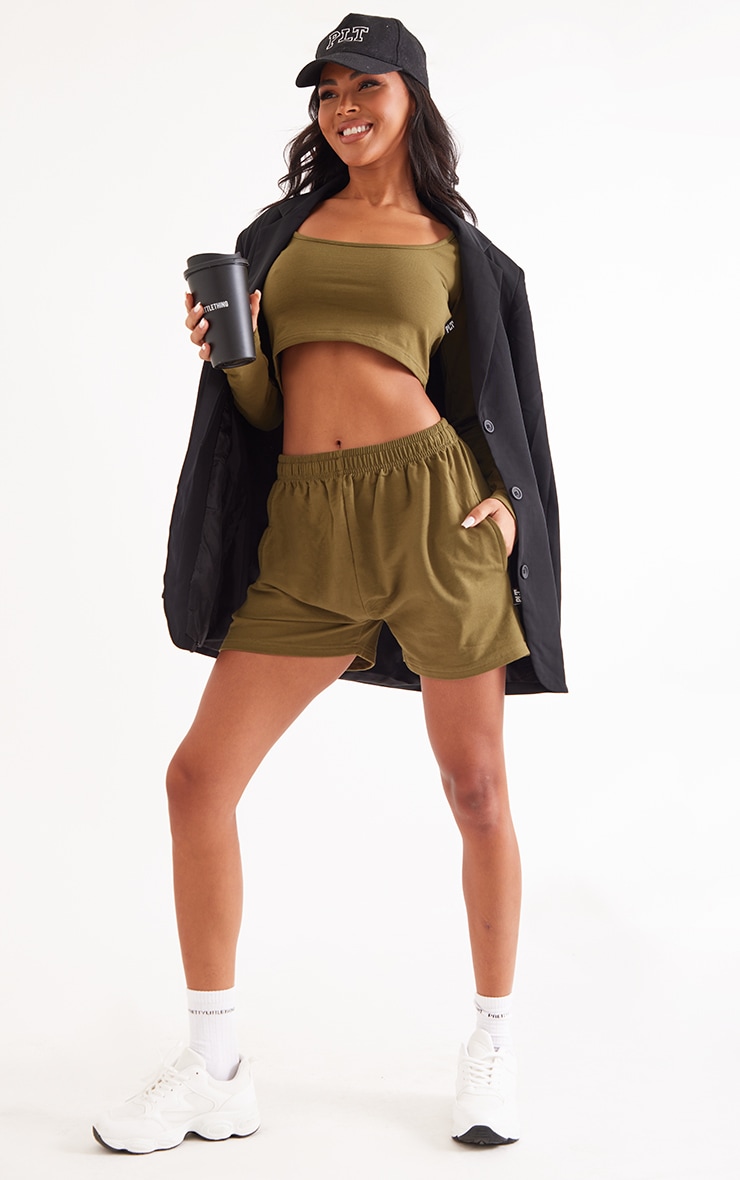 PRETTYLITTLETHING Khaki Badge Cotton Shorts