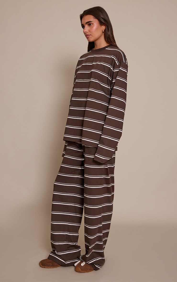 Dark Brown Striped Wide Leg Drawstring Trousers image 2