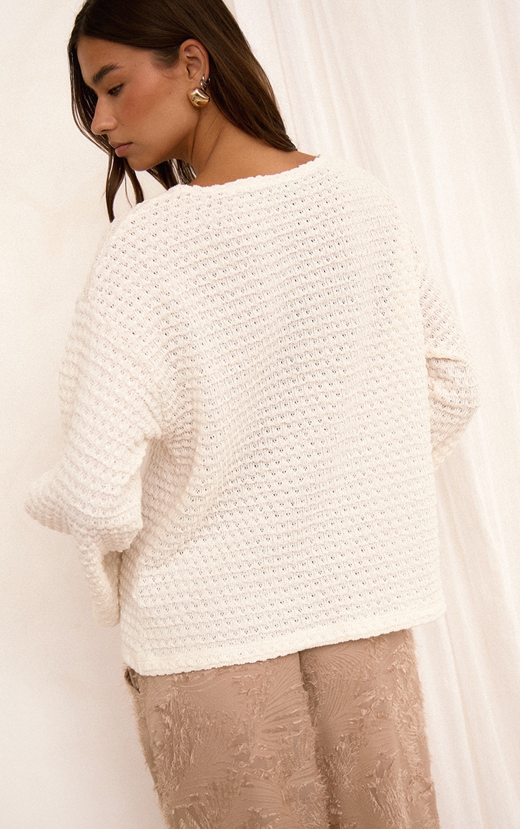 Cream Textured Trim Detail Oversized Long Sleeve Top image 2
