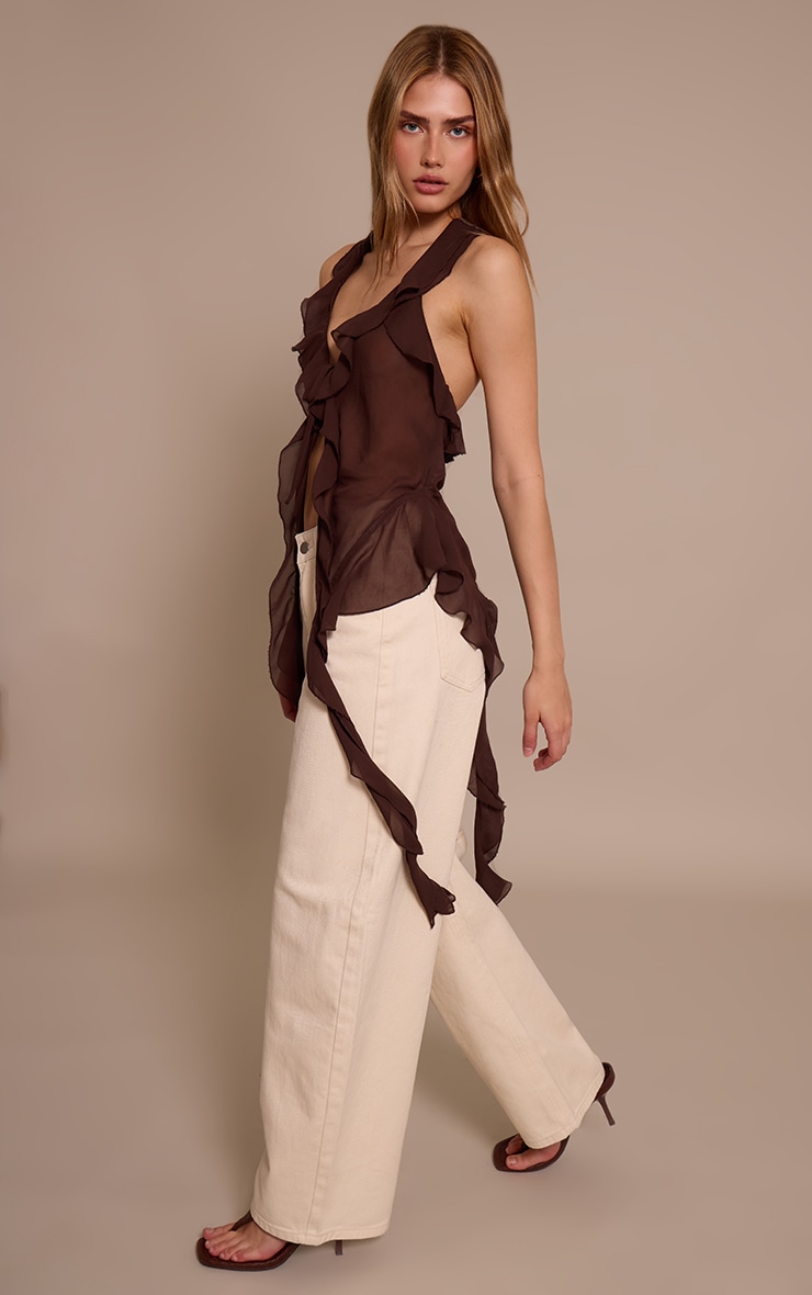 Dark Chocolate Chiffon Ruffle Drape Detail Longline Top image 3