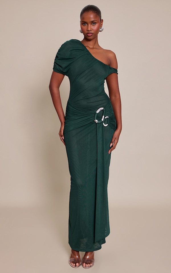 Robe longue en mousseline de soie vert émeraude à empiècements
