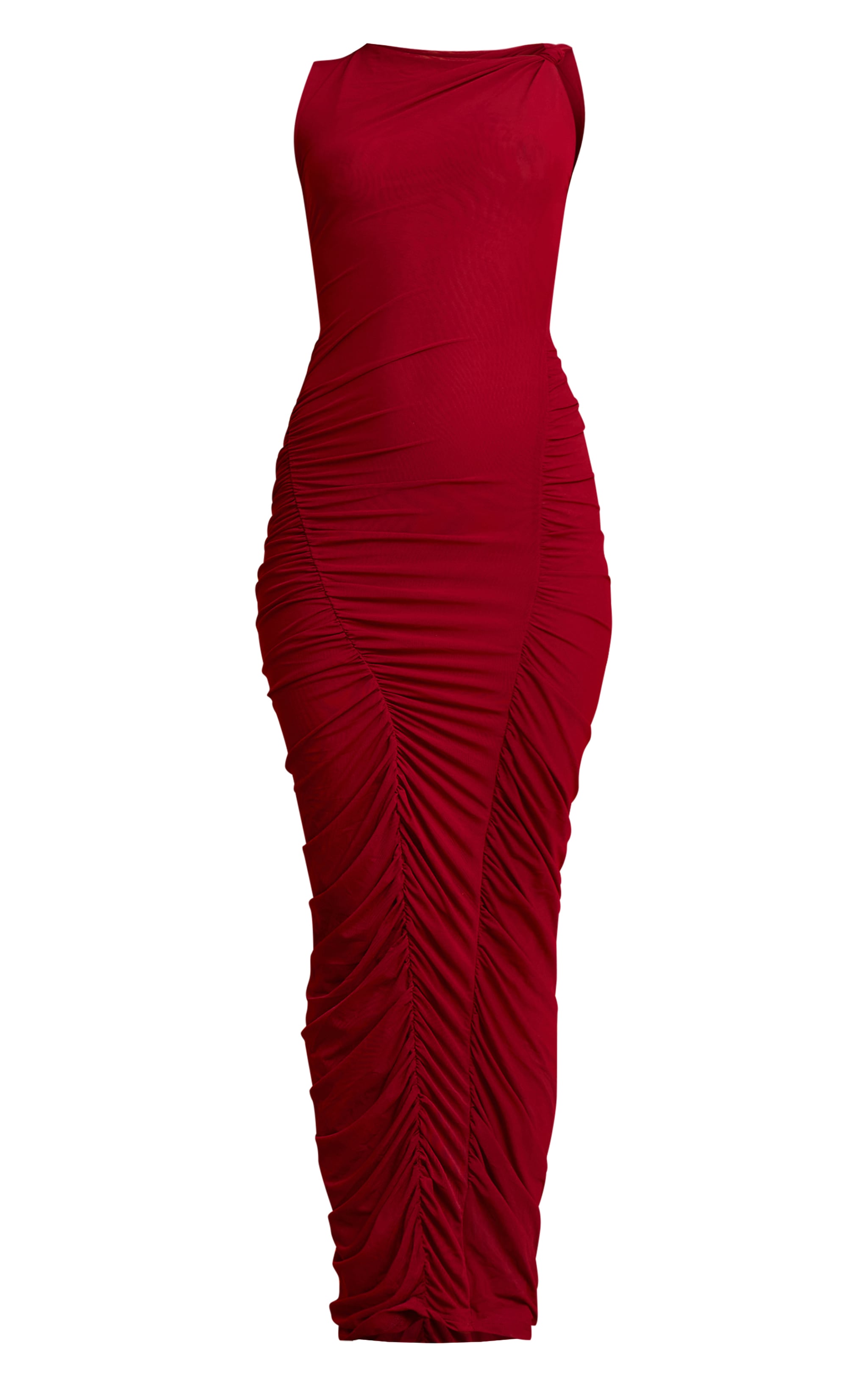 Deep Red Double Layer Mesh Boat Neck Ruched Maxi Dress image 5