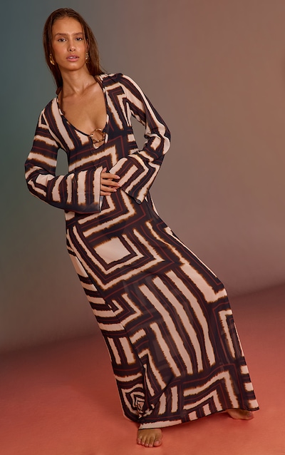 Robe de plage en mousseline de soie marron imprimé géométrique à anneau